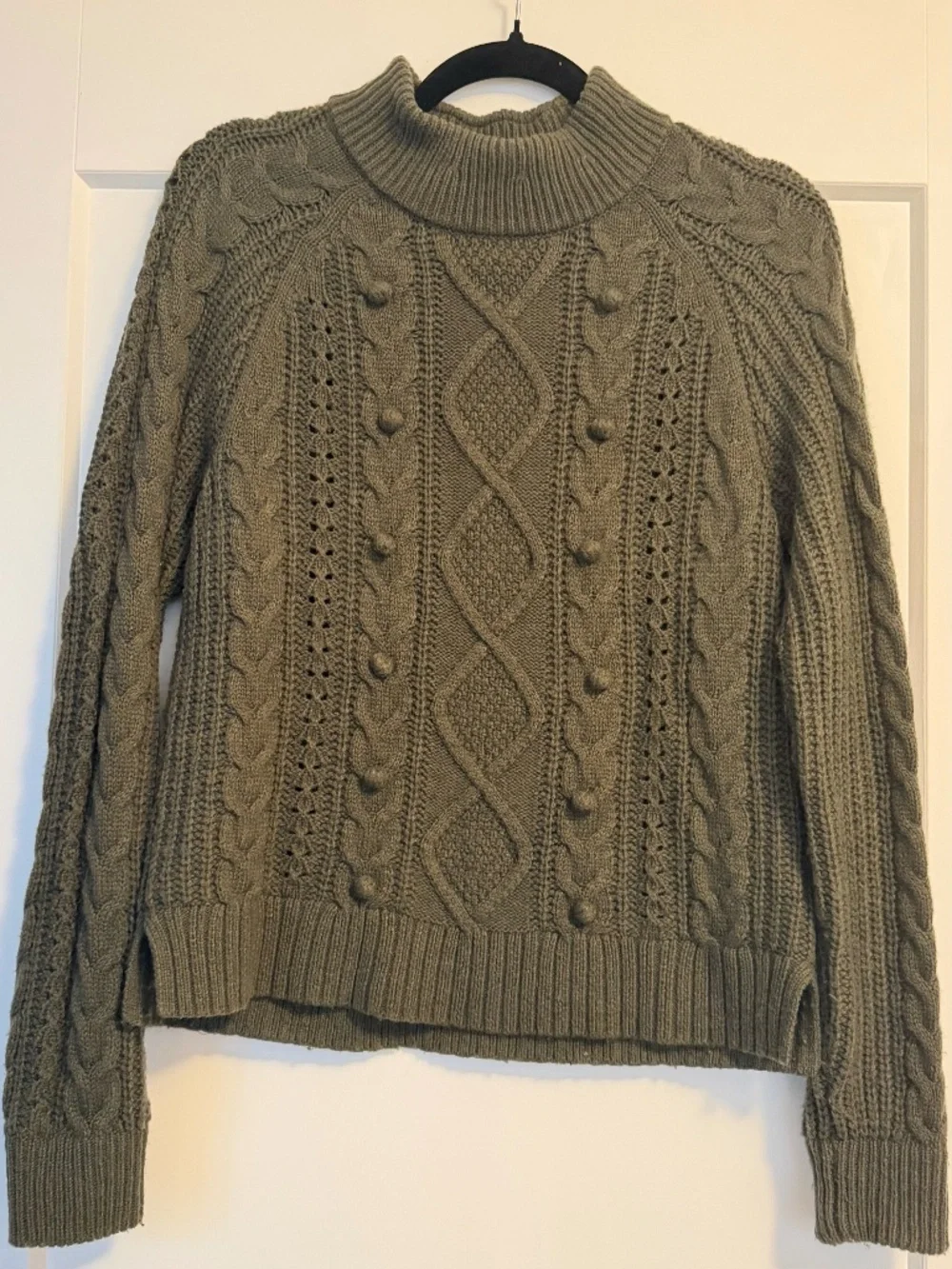 J.CREW Olive Green AZRA Cable Knit Pom-Pom Lambswool Sweater Sz Small